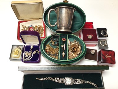 Lot 82 - Silver christening mug, silver marcasite quartz wristwatch, silver rings, other vintage costume jewellery and bijouterie
