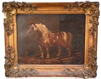 Lot 1028 - English School, late 19th century, oil on canvas - A Horse in a Stable, 25.5cm x 33cm, in gilt frame