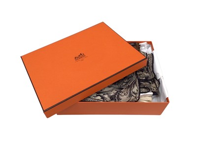 Lot 2053 - Hermes Orange box containing silk scarves, makes include Balenciaga, Mantero Toucan design and Mantero Liberty, Ines de la Fressange, Oscar de la Renta Salute to Freedom, Lariosete