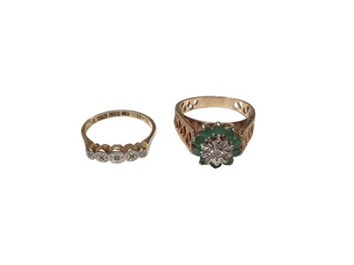 Lot 169 - 18ct gold and platinum diamond five stone ring and an emerald and diamond cluster ring (2)