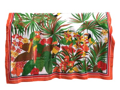 Lot 2054 - Gucci large scarf / wrap, toucans, parrots, orchids and palms. 115 x 115 cms approximately