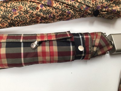 Lot 2055 - Designer umbrellas including vintage Gucci, Giorgio Armani, Le Griffe Ausoni (x2), Pertegaz.  Plus womens blue suede brogues by Todds size 37 1/2 with box and dust bag and spare laces.