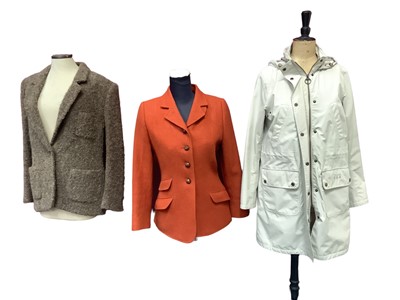 Lot 2075 - Designer jackets including black quilted DKNY, Burberry cream raincoat, boucle wool by Jean Helfern, Eric Bompard cashmere bomber jacket, Giorgio Armani check jacket, Daks orange herring bone tweed...