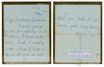 Lot 142 - H.R.H.The Princess Elizabeth (later H.M. Queen Elizabeth II) handwritten thank you letter dated Oct 22 1932 to her grandmother, Cecilia Bowes-Lyon, The Countess of Strathmore and Kinghorne
