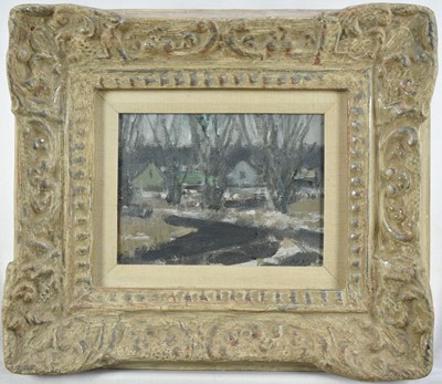 Lot 980 - 20th century, oil on canvas laid on panel - Winter Landscape, indistinctly initialled, in silvered and painted frame