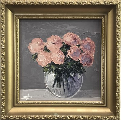 Lot 225 - Vivek Mandalia, oil on canvas, A vase of pink flowers, signed, in gilt frame, 29 x 29cm