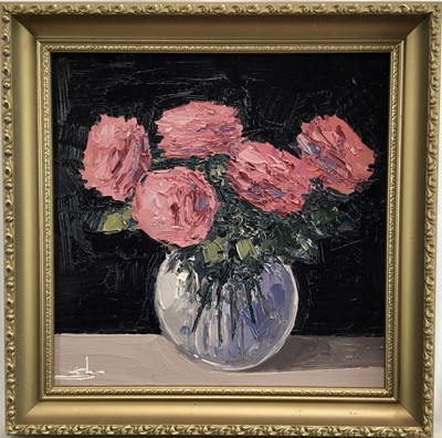 Lot 146 - Vivek Mandalia, oil on canvas, Pale pink flowers in a vase, signed, in gilt frame, 19 x 19cm