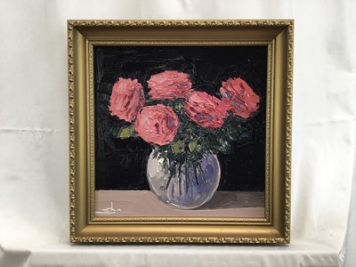 Lot 146 - Vivek Mandalia, oil on canvas, Pale pink flowers in a vase, signed, in gilt frame, 19 x 19cm