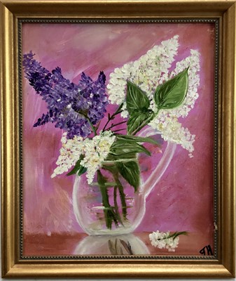 Lot 145 - Jasmine Holme, oil on board, Lilac blossom in a glass vase, signed with initials, also inscribed verso, in gilt frame, 35 x 27cm