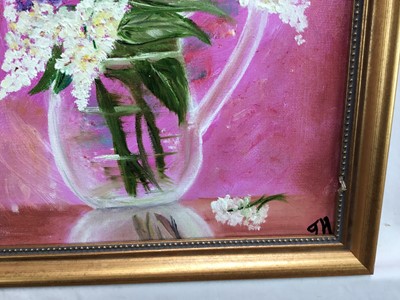 Lot 192 - Jasmine Holme, oil on board, Lilac blossom in a glass vase, signed with initials, also inscribed verso, in gilt frame, 35 x 27cm