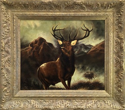 Lot 214 - Manner of Landseer, oil on board, A stag at bay in a mountainous landscape, in gilt frame, 50 x 60cm