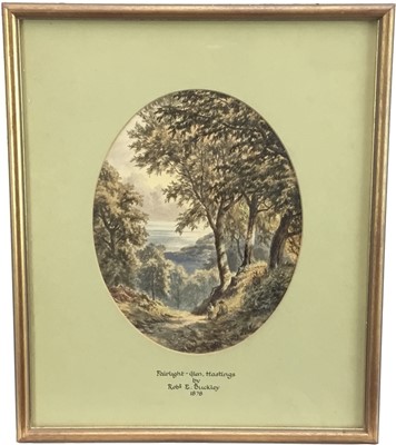 Lot 150 - Robert E. Buckley (1878) watercolours, Views of figures in Fairy - Glen, Hastings, and in Harmsworth Park, Middlesex, both signed and dated 1878, a pair ovals, in gilt frames.  Each 29 x 23cm. (2)