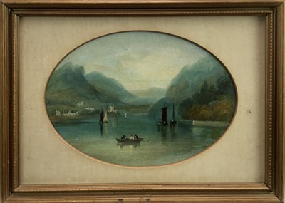 Lot 144 - Miss F.J. Sims, oval oil on board, view of Grassmere, inscribed verso, in gilt frame, 14 x 19cm