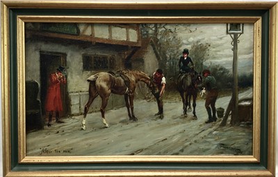 Lot 208 - Filbert S. Wright  19th century, oil on canvas, "After the Run", huntsmen and horses by an inn, signed and inscribed, in gilt and painted frame, 28 x 30cm