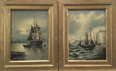 Lot 152 - English School 19th century, oils on board, fishing vessel beached by cliffs, and a sailing barge at anchor, a pair of in gilt frames, initialled J.B. Each 19 x 14cm. (2)