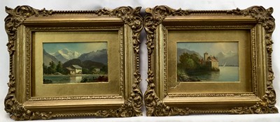 Lot 215 - 19th century pair Swiss School, oils on board, Chateau de Chillon, Lake Geneva, and La Jungfrau Depuis, Interlaken, inscribed verso, in original gilt frames, each 6 x 9cm. (2)