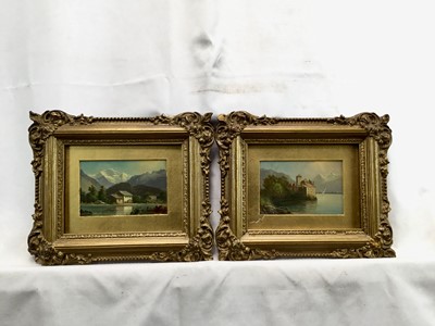 Lot 215 - 19th century pair Swiss School, oils on board, Chateau de Chillon, Lake Geneva, and La Jungfrau Depuis, Interlaken, inscribed verso, in original gilt frames, each 6 x 9cm. (2)