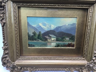 Lot 215 - 19th century pair Swiss School, oils on board, Chateau de Chillon, Lake Geneva, and La Jungfrau Depuis, Interlaken, inscribed verso, in original gilt frames, each 6 x 9cm. (2)
