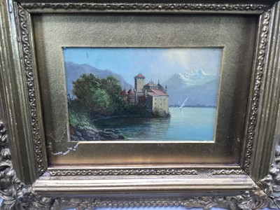 Lot 215 - 19th century pair Swiss School, oils on board, Chateau de Chillon, Lake Geneva, and La Jungfrau Depuis, Interlaken, inscribed verso, in original gilt frames, each 6 x 9cm. (2)