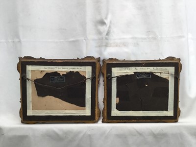Lot 215 - 19th century pair Swiss School, oils on board, Chateau de Chillon, Lake Geneva, and La Jungfrau Depuis, Interlaken, inscribed verso, in original gilt frames, each 6 x 9cm. (2)
