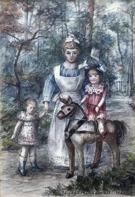 Lot 56 - Elizabeth Sorrell (1915-1991) watercolour, Stroll in the park, signed and dated 1980, 18 x 12cm, glazed frame