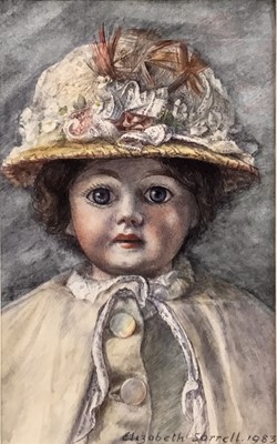 Lot 55 - Elizabeth Sorrell (1915-1991) watercolour, doll, signed and dated 1983, 18 x 12cm, glazed frame