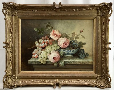 Lot 222 - M.H. Wenn, oil on board, still life of grapes and flowers in a bowl on a marble table top, signed, in gilt frame, 27 x 37cm