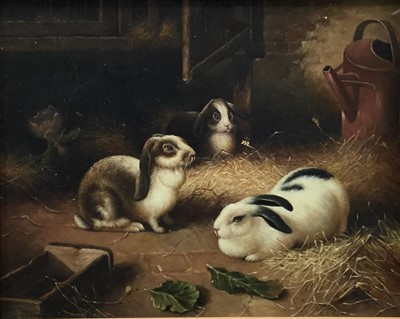 Lot 213 - 20th century English School, oil on board, Four Lop Eared Bunnies in a barn, in wooden frame, 19 x 24cm