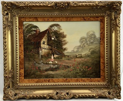 Lot 218 - Ronald Horsewell, oil on canvas, peasant girl feeding ducks at a pond in front of an overshot mill, signed, in gilt frame, 30 x 40cm