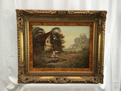 Lot 218 - Ronald Horsewell, oil on canvas, peasant girl feeding ducks at a pond in front of an overshot mill, signed, in gilt frame, 30 x 40cm