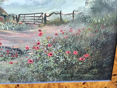Lot 218 - Ronald Horsewell, oil on canvas, peasant girl feeding ducks at a pond in front of an overshot mill, signed, in gilt frame, 30 x 40cm
