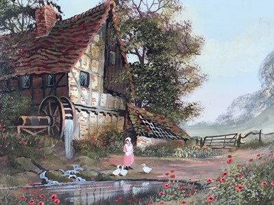 Lot 218 - Ronald Horsewell, oil on canvas, peasant girl feeding ducks at a pond in front of an overshot mill, signed, in gilt frame, 30 x 40cm
