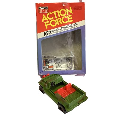 Lot 1850 - Palitoy Action Man Action Force AF3 Special Patrol Vehicle, with box & packaging (Separated) & Z Force Attack Cannon, in window box (Partly detached window) (2)