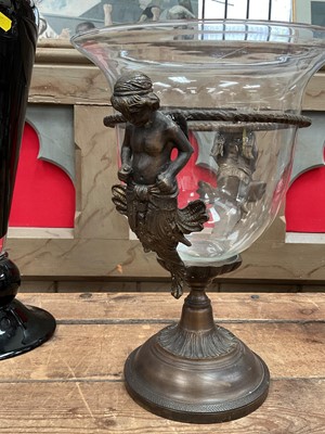 Lot 30 - Pair of Classical-style bronzed metal vases with figure surmounts and glass detachable vases
