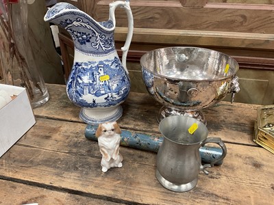 Lot 37 - Antique silver plated hammered punch bowl, blue and white jug, Royal Copenhagen dog, etc