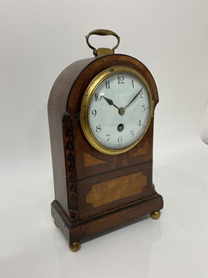 Lot 85 - Good quality Edwardian mantel clock with French 8 day movement by Victor Reclus of Paris, with enamel dial in a inlaid mahogany case, retailed by Percy Webster, Great Portland St. London, with key...