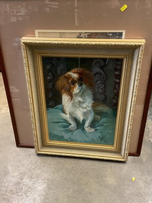 Lot 595 - Framed oil painting of a King Charles Spaniel, together with a watercolour of Wivenhoe and another watercolour (3)