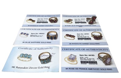 Lot 1000 - Six 9ct gold multi gem set dress rings with Gems TV certificates