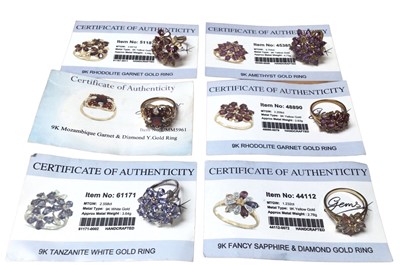 Lot 1001 - Six 9ct gold multi gem set cluster rings with Gems TV certificates