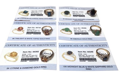 Lot 1002 - Six 9ct gold multi gem set dress rings with Gems TV certificates