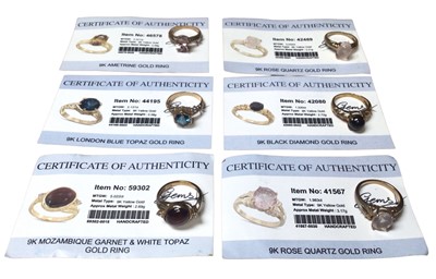 Lot 1004 - Six 9ct gold single stone gem set dress rings with Gems TV certificates