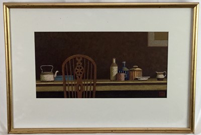 Lot 171 - Nicholas Simmington (1930-2020) gouache and tempera, still life with chair back, 20 x 40cm, signed, glazed frame