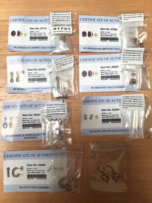 Lot 1006 - Eight pairs of 9ct gold gem set earrings, mostly new and sealed with Gems TV certificates