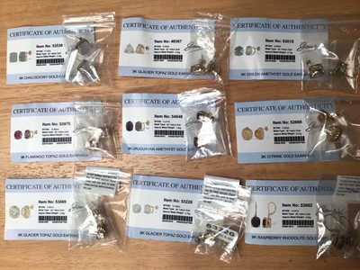 Lot 1007 - Nine pairs of 9ct gold large single stone earrings, some new and sealed with Gems TV certificates