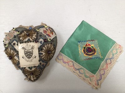 Lot 2083 - WW1 Regimental Sweet Heart cushion Egypt Gloucestershire Regiment 28th  61st Foot.  Royal Army Service Corp embriodered silk handkerchief, Plus a lot of haberdashery items including lace lengths, s...