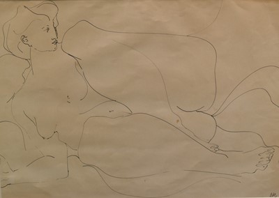 Lot 1150 - English School, Contemporary, ink line drawing - Female Nude, signed with initials DA, 58cm x 82cm, in glazed frame