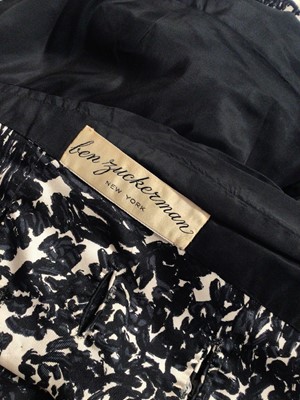 Lot 2084 - Designer Ben Zuckerman high-quality 1950's occassions dress and coat suit in black and cream abstract print with hand finishing. Retailer Saks Fifth Avenue.