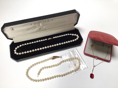 Lot 109 - Two cultured pearl single strand necklaces both with gold clasps and a gold plated pendant necklace