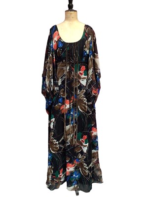 Lot 2090 - 1970's dress including floaty chiffon by Alexander Clare, Annie Cough black velvet and geometric print dress,  day dress by Donna Gay,  Witney blue and black evening gown, floral printed chiffon an...