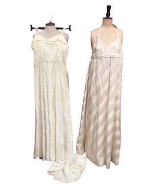 Lot 2091 - Cream evening dress by Marcel Fenze, cream brocade wedding dress c.1950's,  shoe-string strap cocktail dress by Trina Lewis, Art Deco inspired pink chiffon dress by Frank Usher, 1980's Laura Ashley...